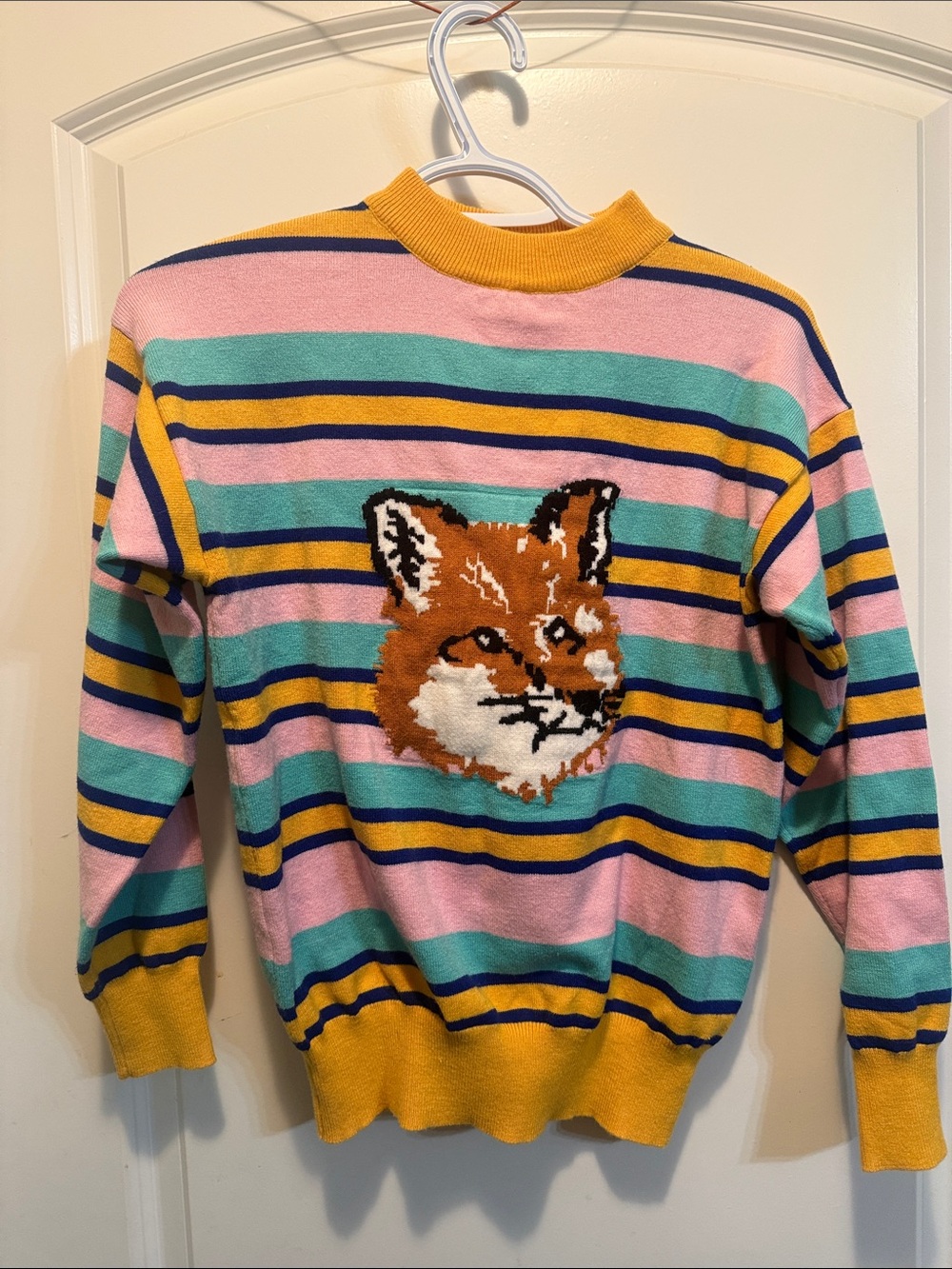 Striped Fox Intarsia Sweater - Pink, Teal & Yellow